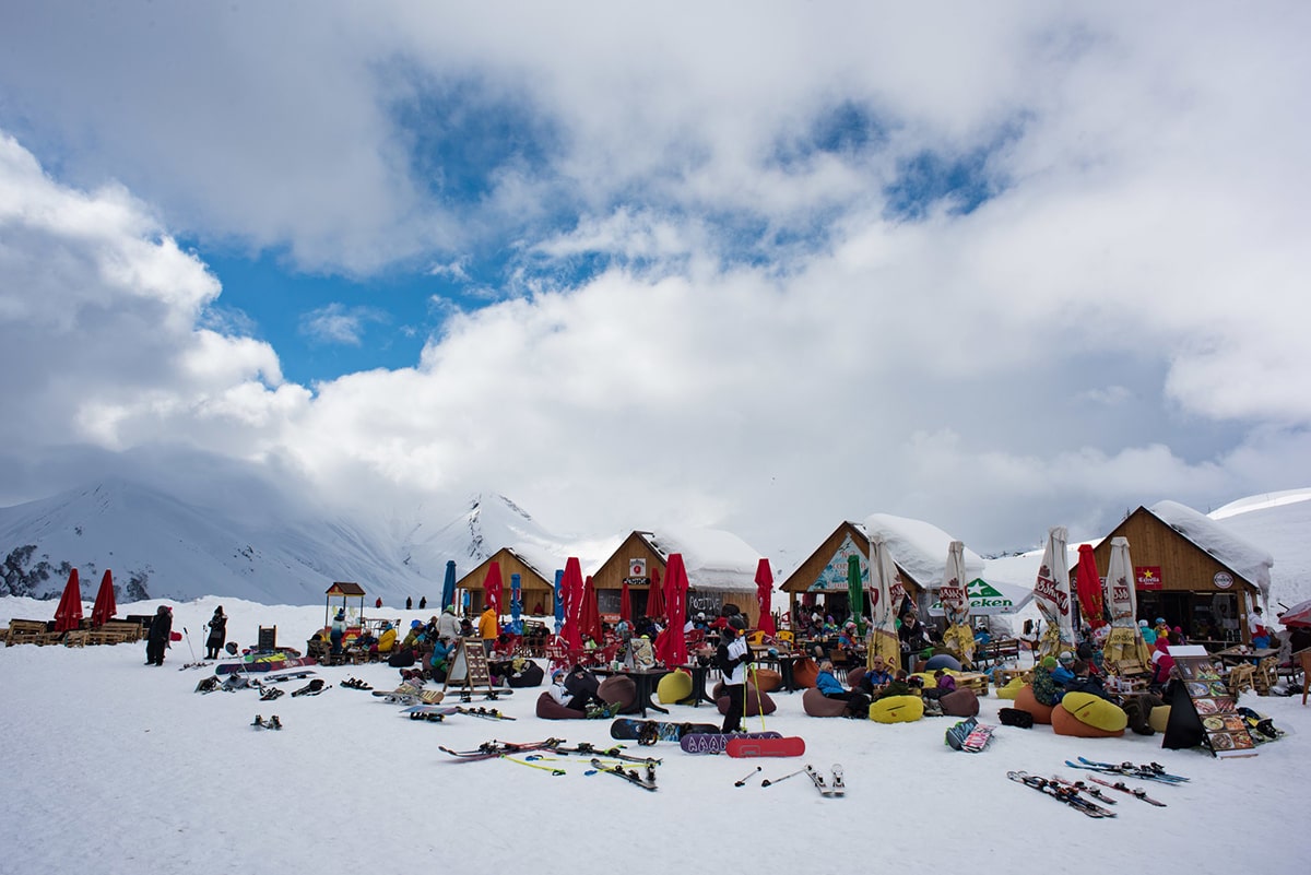 Shacks selling food and drinks on the mountain at the Gudauri Ski Resort.